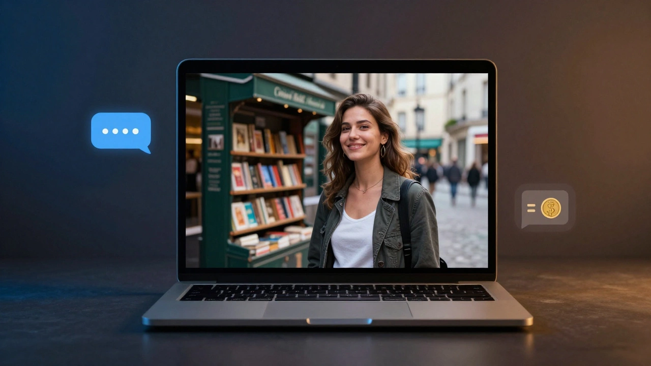 A minimalist escort profile on a laptop screen, encrypted apps and crypto symbols visible.