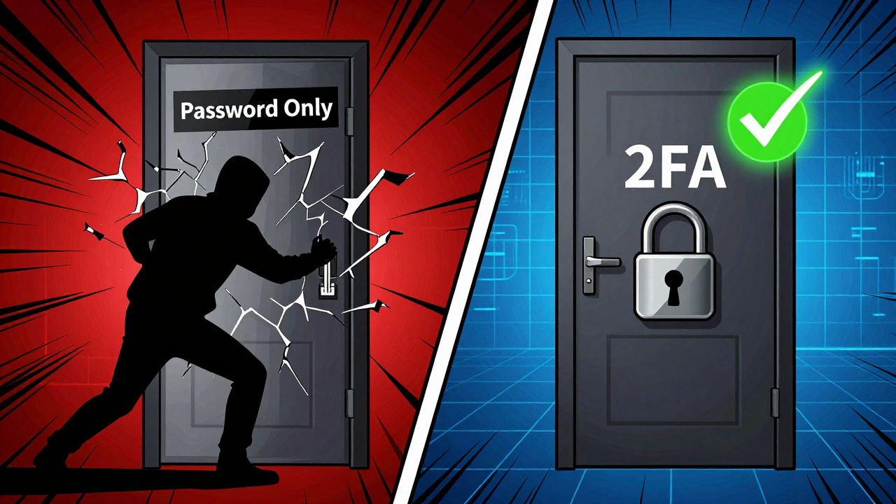 Hacker failing to break in without 2FA versus successful access with 2FA enabled.