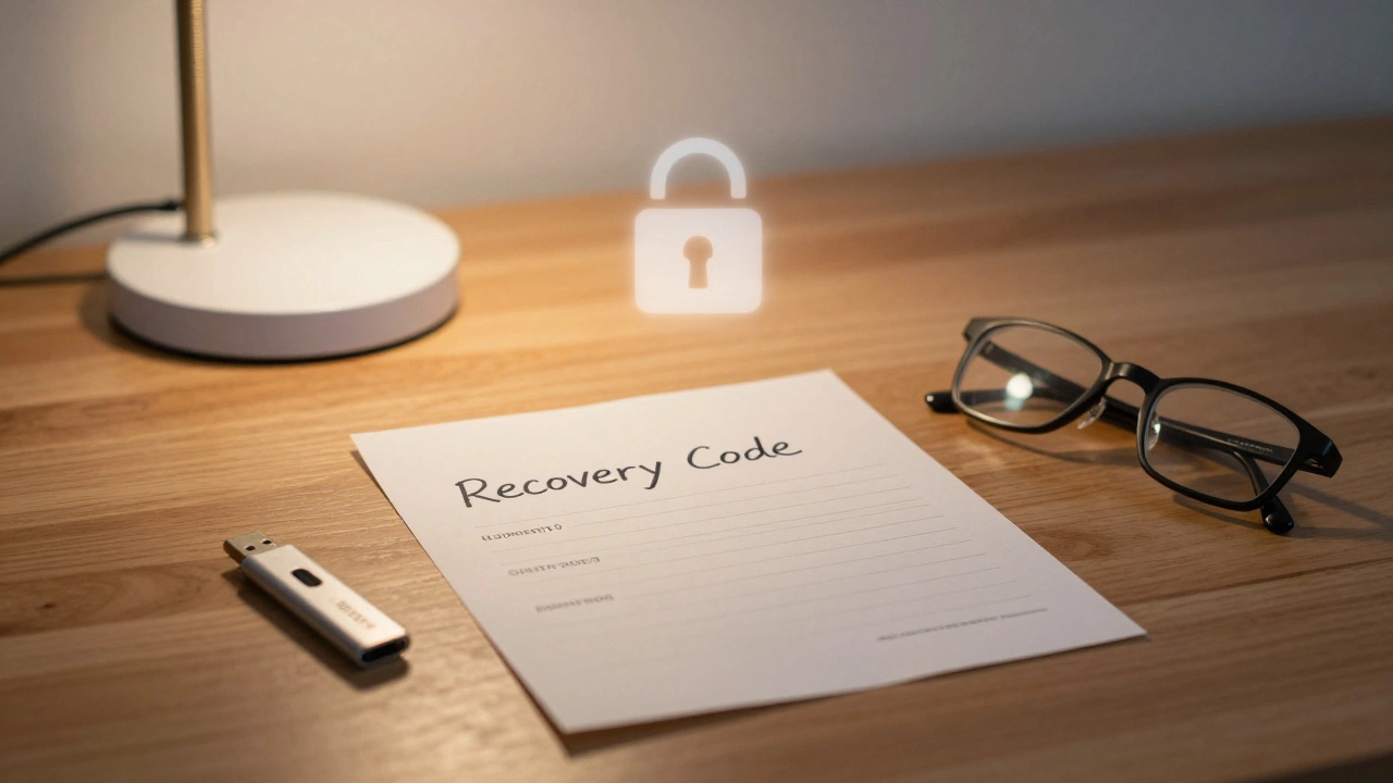 Recovery code on paper next to a security key on a wooden desk.